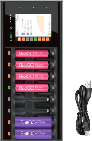 8 Bay AA AAA Battery Charger, LCD Display USB Fast Charging, Discharg Function, Over-Charge Protection for Household Rechargeable Batteries LiHv Ni-MH Ni-Cd LiFePO4 Li-ion