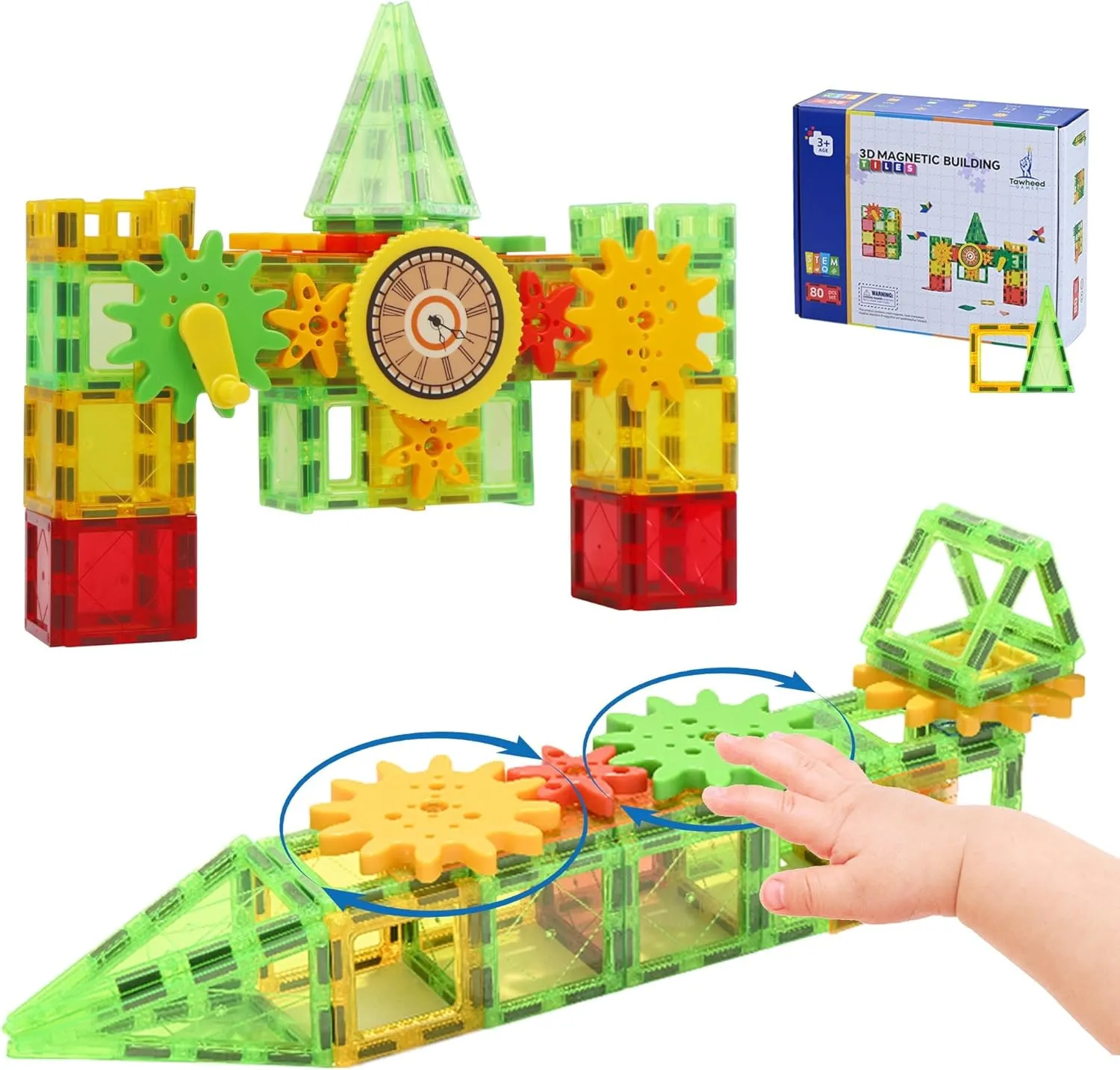 80 PCS Magnetic Tiles for Kids with Gears - 3D STEM Magnetic Building Blocks Set for Kids Ages 3 , Magnet Tiles, Magnet Toys, Creative Learning Gift for Toddler Development & Motor Skills