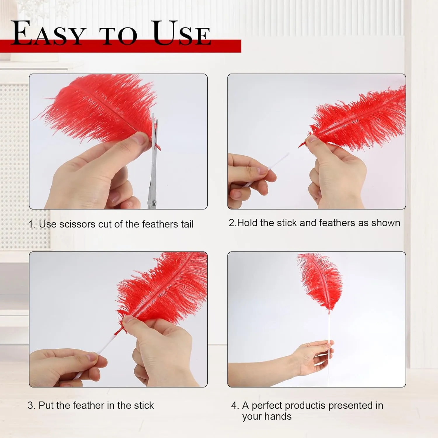 80pcs 15-17 inches (38-43 cm) Red Natural Bulk Ostrich Feathers Kit. Kits Contain 8-10 inches of Feathers and 7 inches of White Feather Sticks.for Various DIY Projects..(Red)