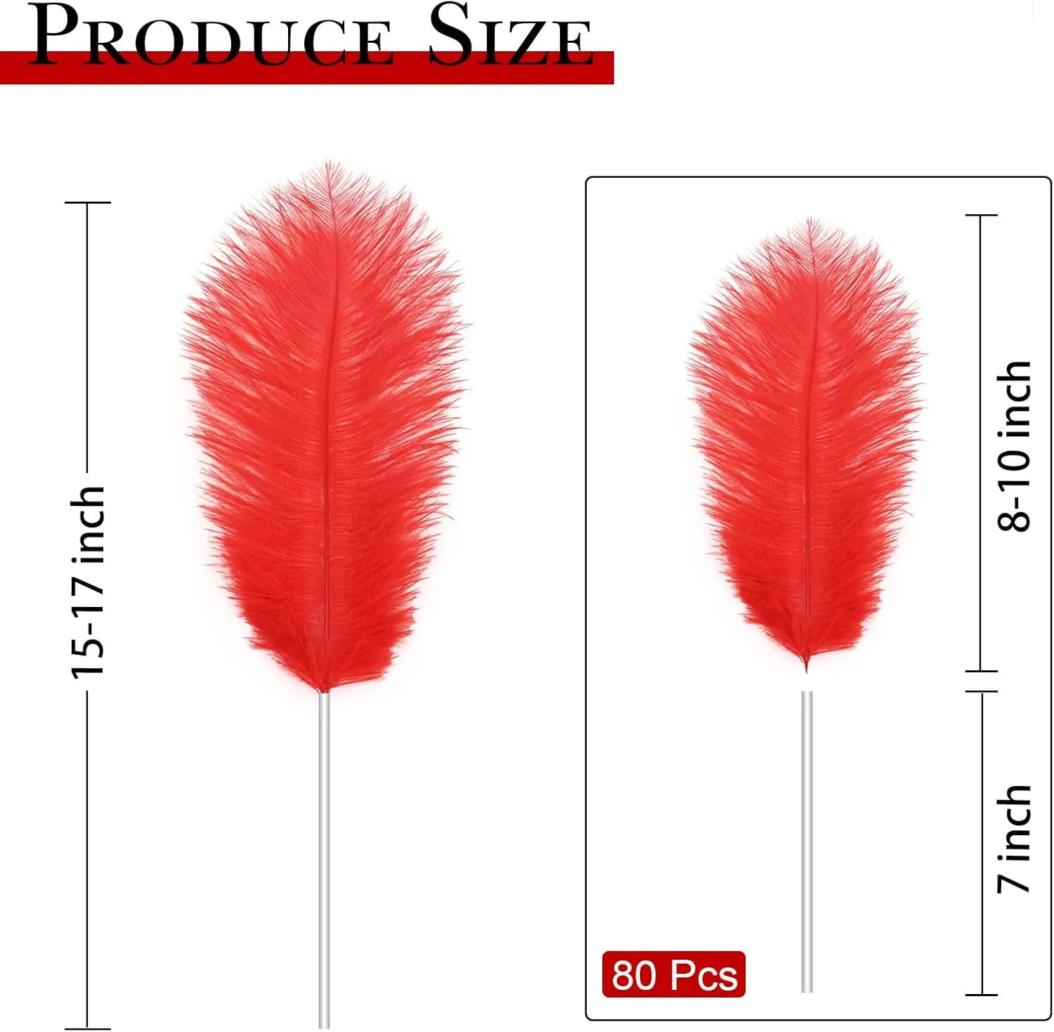 80pcs 15-17 inches (38-43 cm) Red Natural Bulk Ostrich Feathers Kit. Kits Contain 8-10 inches of Feathers and 7 inches of White Feather Sticks.for Various DIY Projects..(Red)