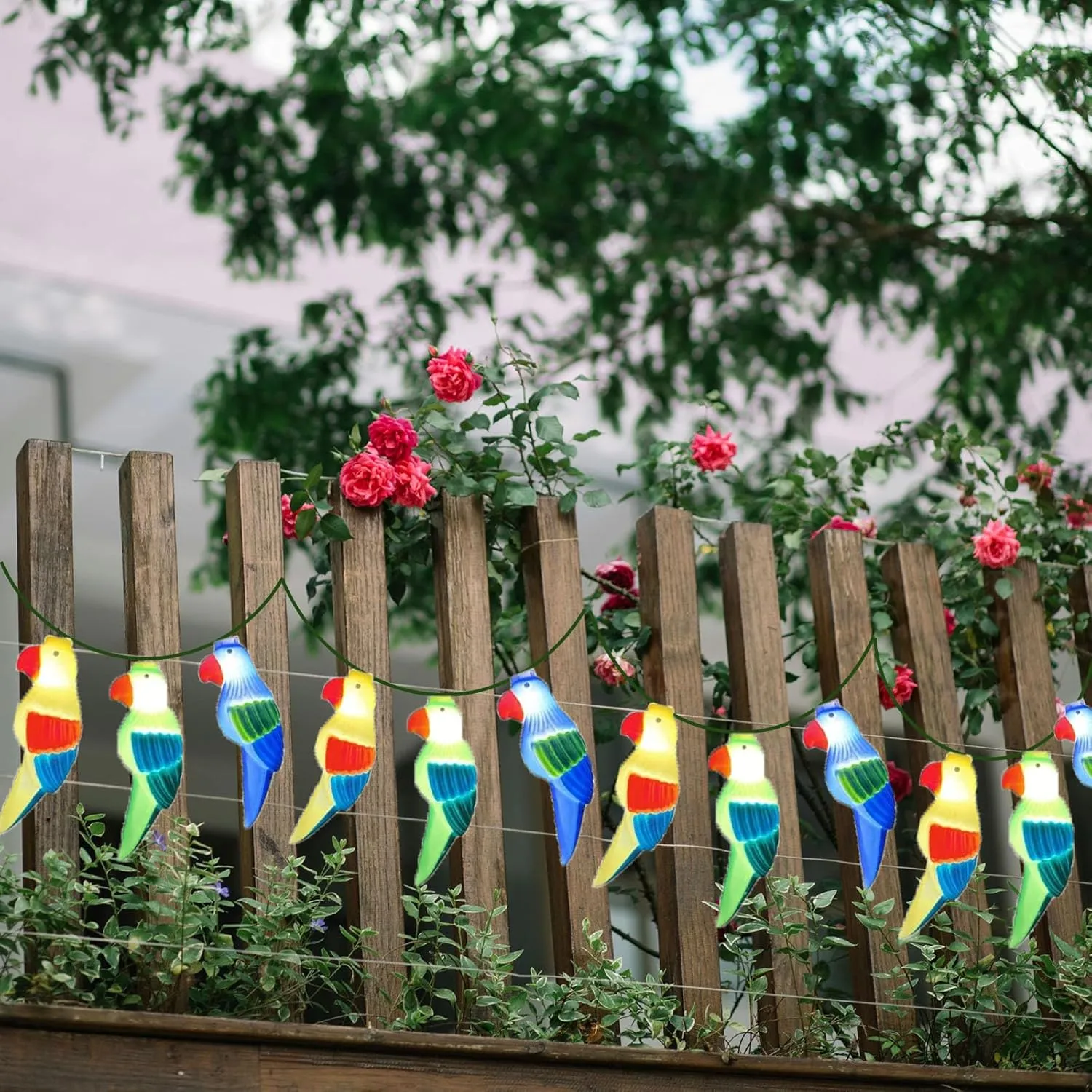 8.5Ft Parrot String Lights, Outdoor Tropical Themed LED String Lights with 10 3D Multicolor Bird Lights, Plug in Hanging Fairy Lights for Tent Party Bar Garden Bedroom
