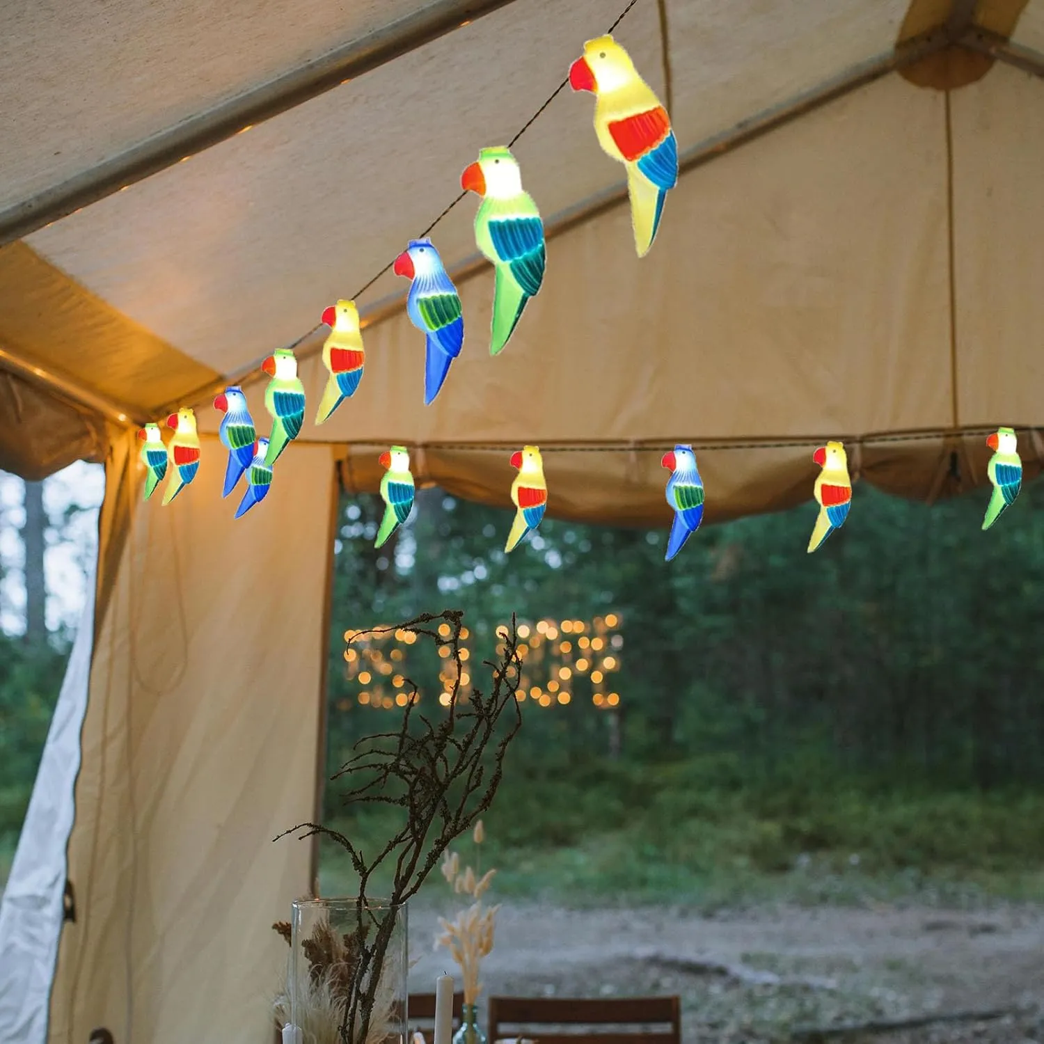 8.5Ft Parrot String Lights, Outdoor Tropical Themed LED String Lights with 10 3D Multicolor Bird Lights, Plug in Hanging Fairy Lights for Tent Party Bar Garden Bedroom