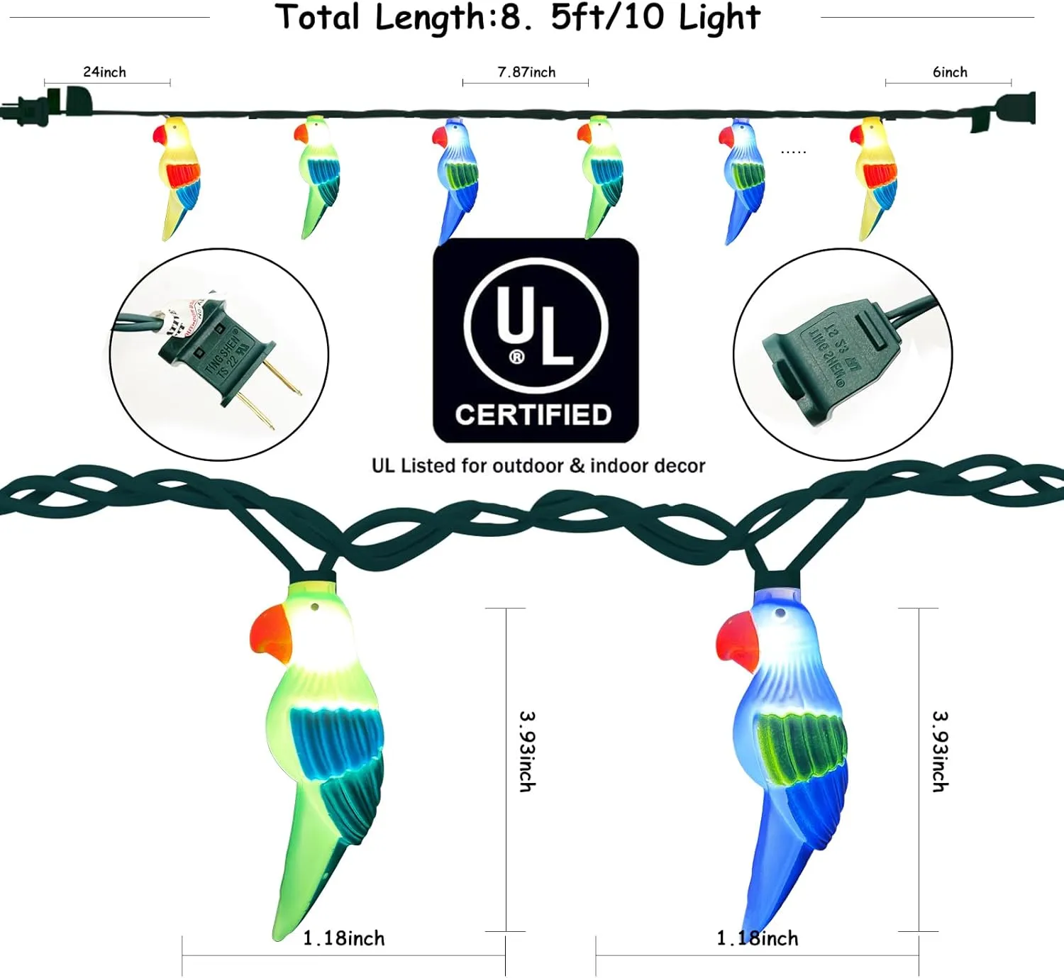8.5Ft Parrot String Lights, Outdoor Tropical Themed LED String Lights with 10 3D Multicolor Bird Lights, Plug in Hanging Fairy Lights for Tent Party Bar Garden Bedroom