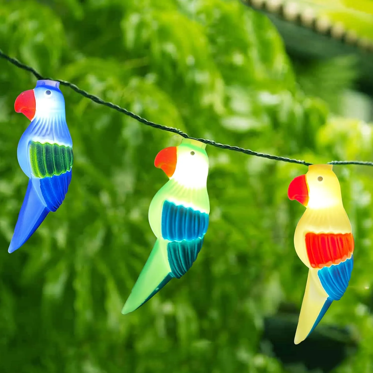 8.5Ft Parrot String Lights, Outdoor Tropical Themed LED String Lights with 10 3D Multicolor Bird Lights, Plug in Hanging Fairy Lights for Tent Party Bar Garden Bedroom