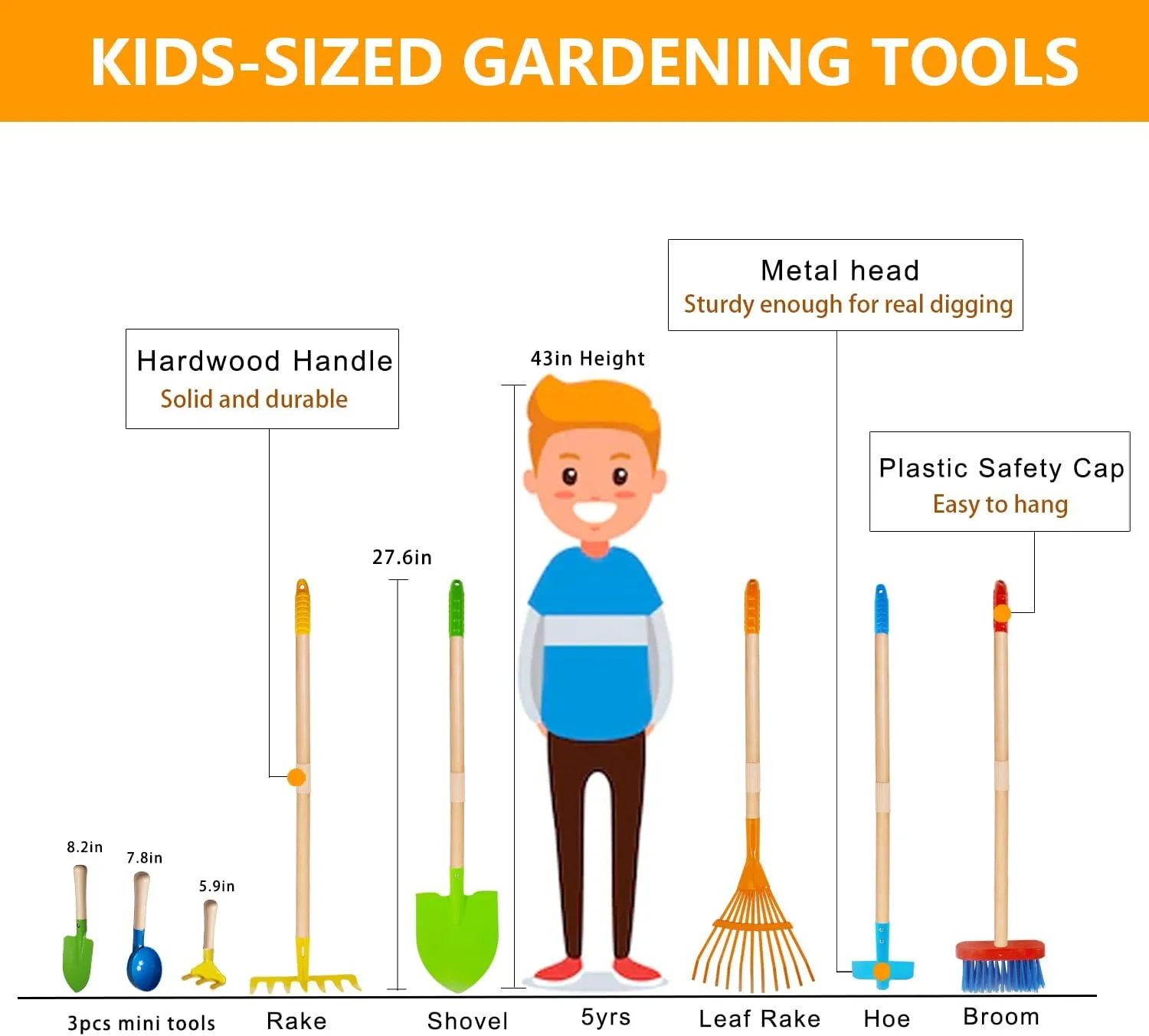 8PCS Kids Gardening Tools, Kids Rake and Shovel Set, Toddler Outdoor Yard Tools, Garden Toys Gifts for Boys Girls Age 3 4 5 6 7 8 Years Old