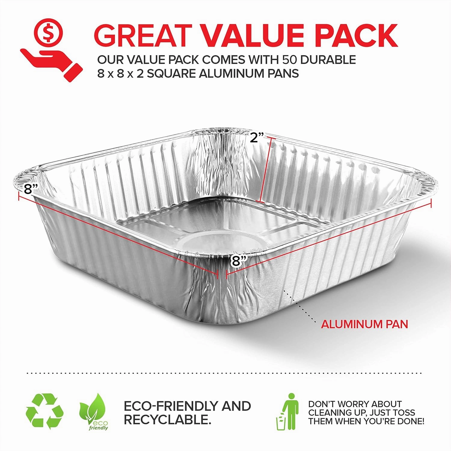 8x8 Foil Pans (50 Pack) 8 Inch Square Aluminum Pans - Foil Pans - Disposable Food Containers Great for Baking Cake, Cooking, Heating, Storing, Prepping Food
