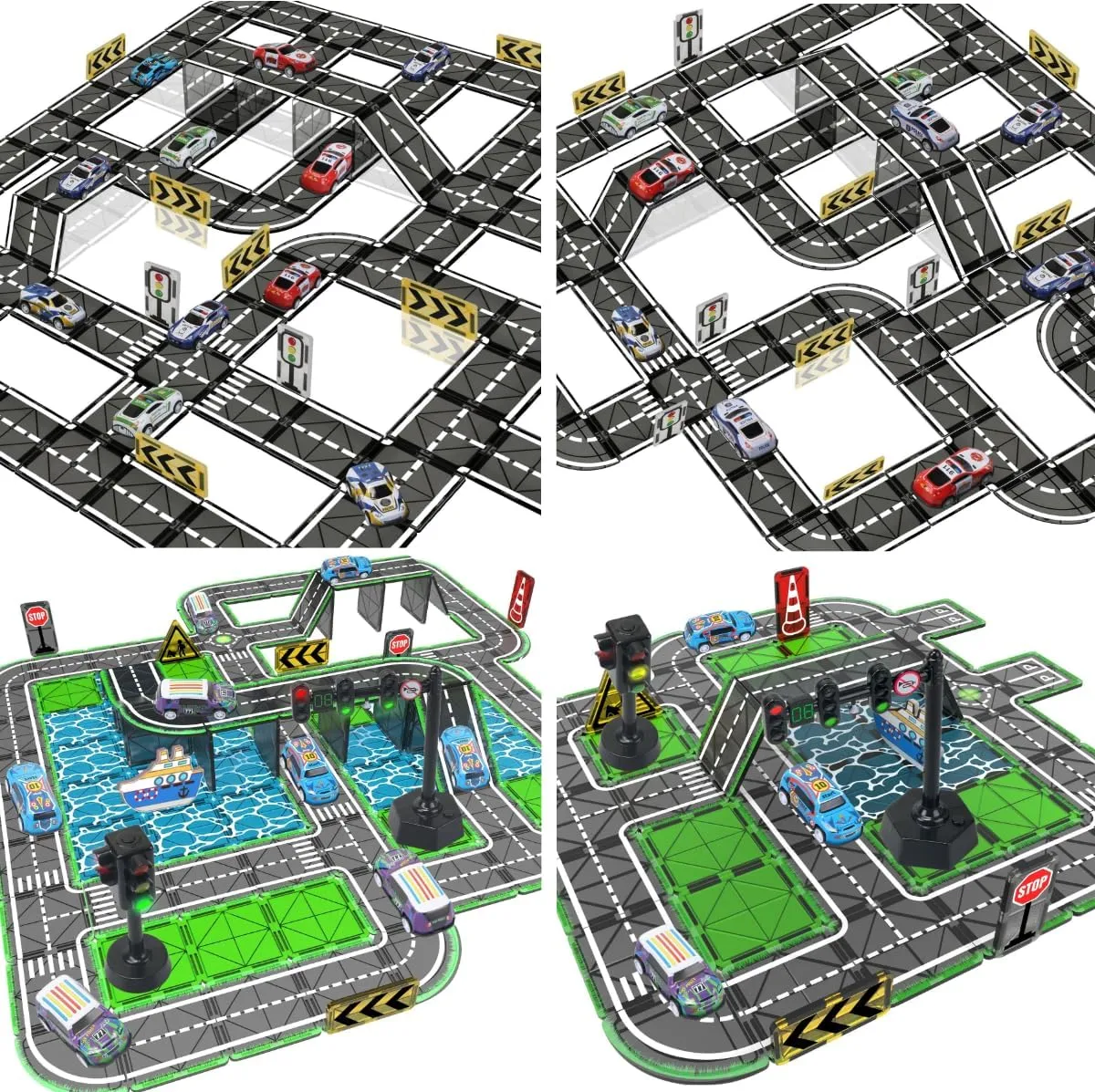 92PCS Magnetic Tiles Road Set with Pullback Car & Magnet Ship,Traffic Themed Magnetic Building Tiles Set with Traffic Light,STEM Magnet Tile for Kids Ages 3-5 4-8 5-7,Preschool Educational Kids Toys G