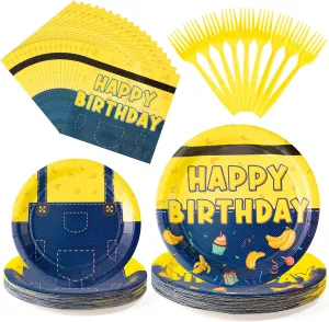96Pcs Yellow Cartoon Party Tableware Set, Party Supplies for Kids Birthday School Theme Baby Shower Serves 24 Guests, Disposable Dinnerware Paper Dessert Dinner Plates Napkins Plastic Forks