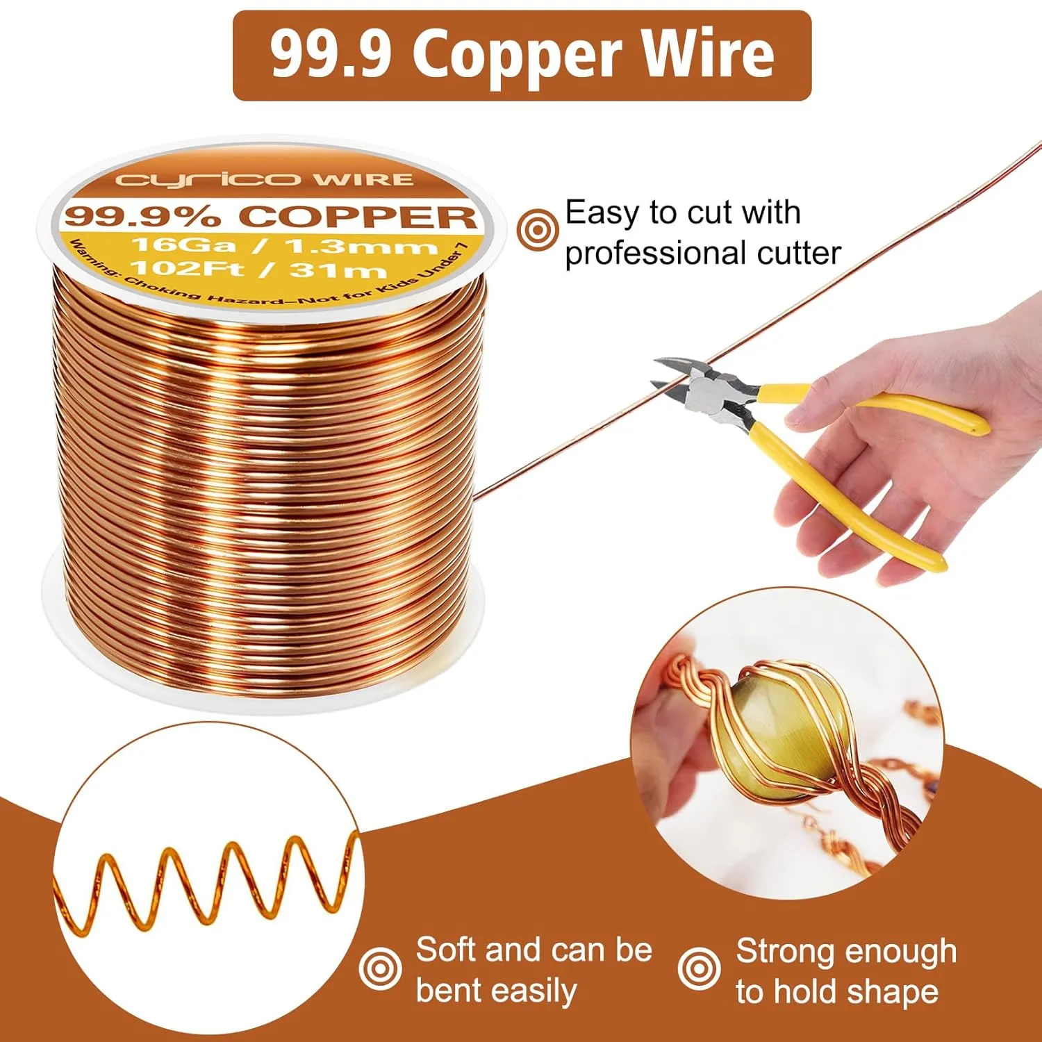 99.9% Pure Copper Wire, 16 Gauge 102 Feet Solid Copper Wire for Jewelry Making Crafts, Electroculture Gardening Antenna, Cyrico Bendable Soft Wire for Plants