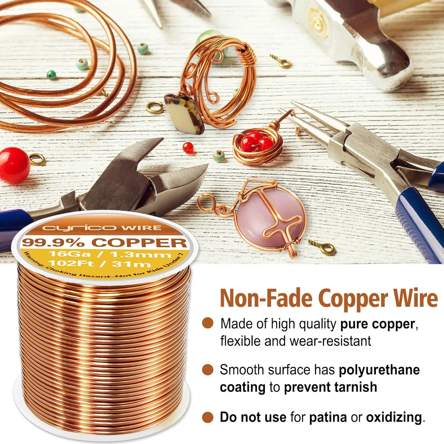 99.9% Pure Copper Wire, 16 Gauge 102 Feet Solid Copper Wire for Jewelry Making Crafts, Electroculture Gardening Antenna, Cyrico Bendable Soft Wire for Plants