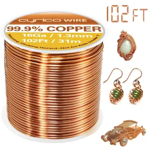 99.9% Pure Copper Wire, 16 Gauge 102 Feet Solid Copper Wire for Jewelry Making Crafts, Electroculture Gardening Antenna, Cyrico Bendable Soft Wire for Plants