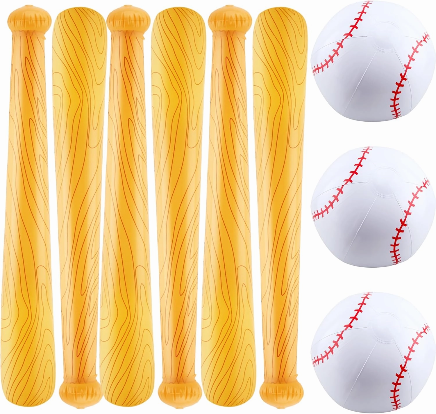 9 Pack Inflatable Bat Set Include 6 Pcs 32 Inch Blow up Baseball Bat and 3 Pcs Ball Inflates Inflatable Wood Grain Bat for Summer Pool Sports Theme Birthday Party Favors