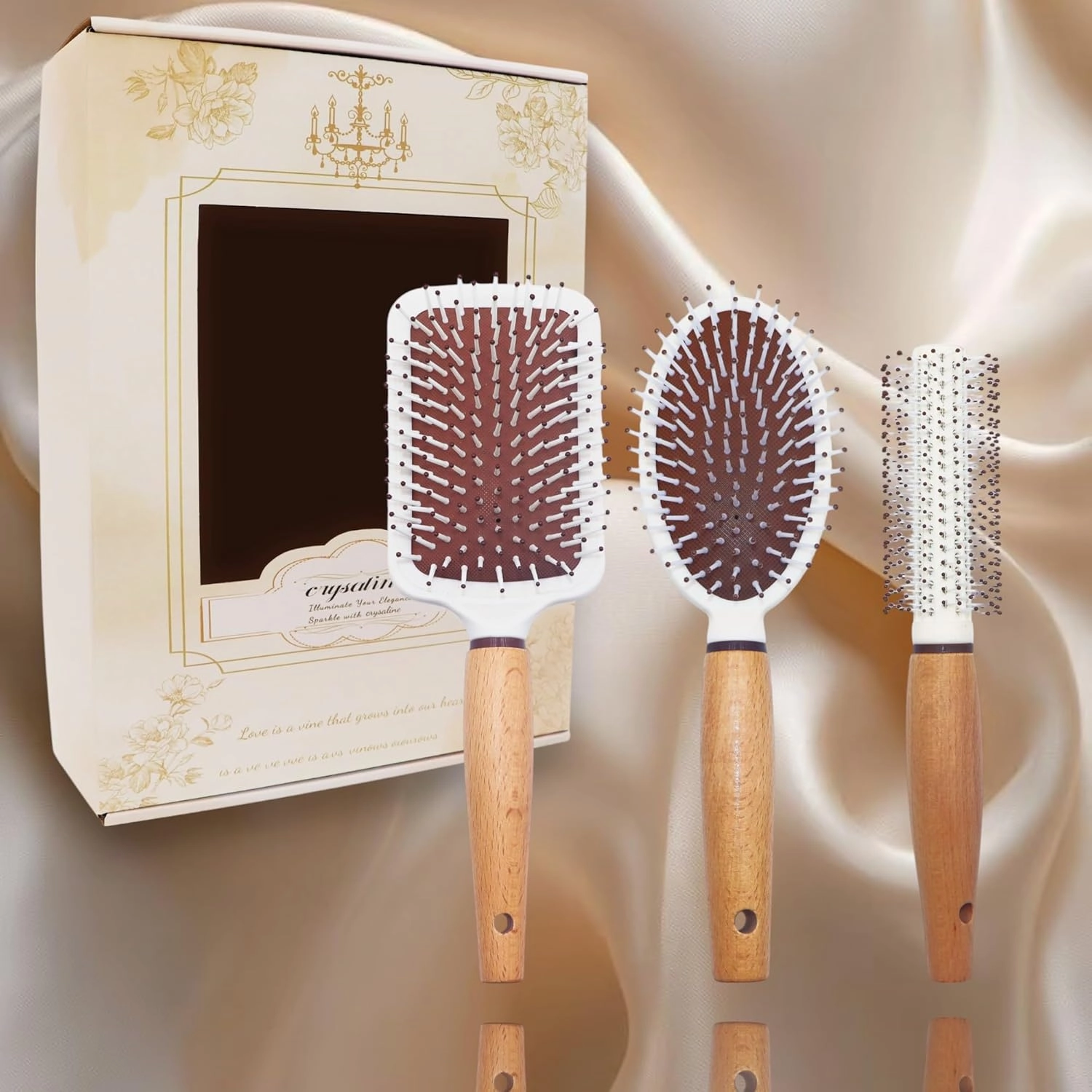【Natural Craftsmanship】3-Piece Beechwood Handle Comb Set - Long Cushion Square/Oval Comb   Styling Roller Brush (Beige Pearl Foam Case, Travel-Friendly Hang Hole)