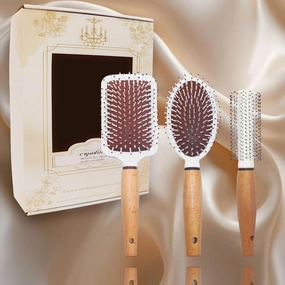 【Natural Craftsmanship】3-Piece Beechwood Handle Comb Set - Long Cushion Square/Oval Comb   Styling Roller Brush (Beige Pearl Foam Case, Travel-Friendly Hang Hole)