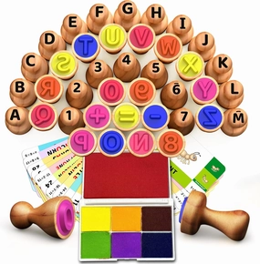 ‌Wooden Alphabet & Number Stampers Set with 7-Color Ink Pad | ABCs 123s Learning Stamps & Flashcards | Preschool Homeschool Classroom Supplies Gift for Ages 3 