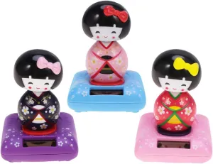ABOOFAN Solar Powered Shaking Head Dancing Toy Decor Japanese Kokeshi Doll Figurines Statues Car Dashboard Decorations Pink