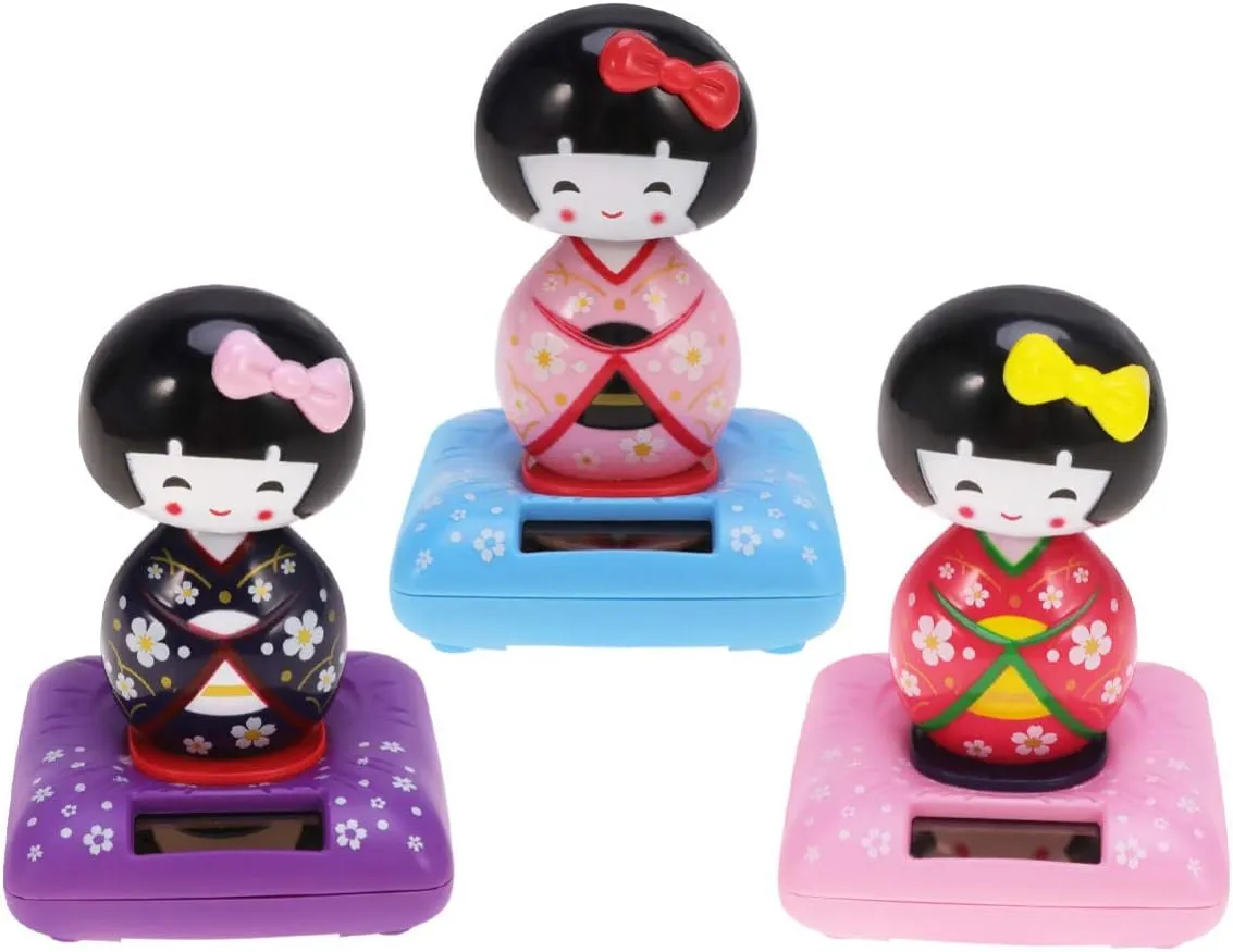 ABOOFAN Solar Powered Shaking Head Dancing Toy Decor Japanese Kokeshi Doll Figurines Statues Car Dashboard Decorations Pink