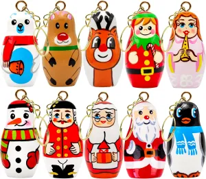 AEVVV Handcrafted Set of 10 Christmas Matryoshka Doll Wooden Keychains - Mini Russian Nesting Doll Key Rings for a Festive Touch