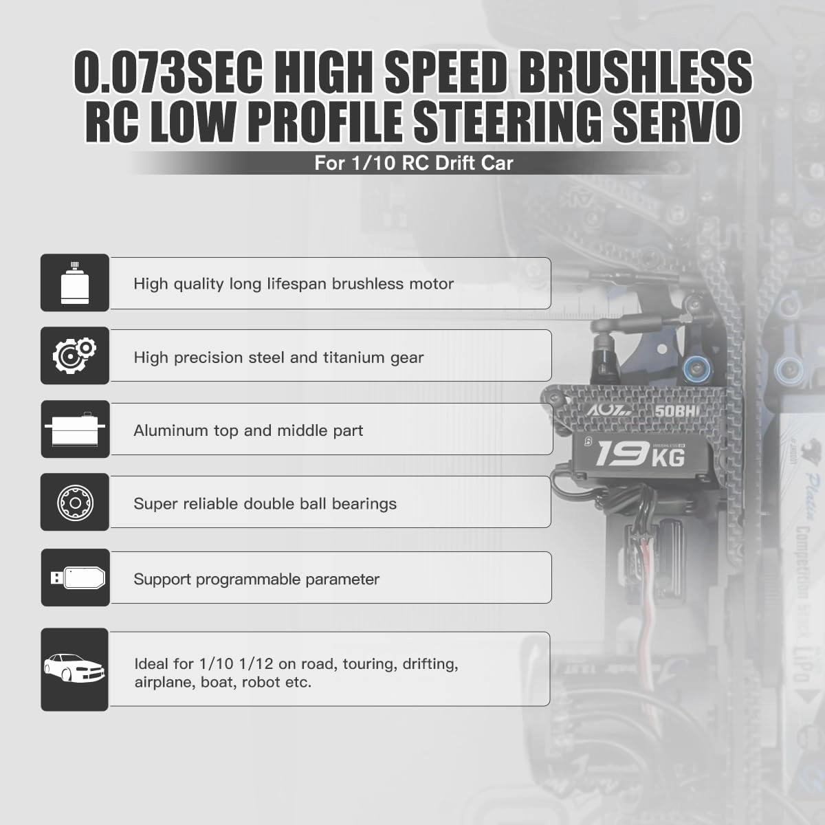 AGFRC 19KG Low-Profile Programmable RC-Steering-Servo - 0.073Sec High Speed Full Metal Gear Brushless Black Servo with 25T Metal Servo Horn for 1/10 RC Drift Car, Control Angle 180° (A50BHL)