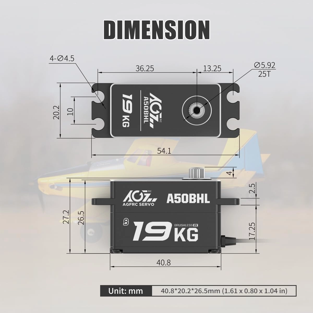 AGFRC 19KG Low-Profile Programmable RC-Steering-Servo - 0.073Sec High Speed Full Metal Gear Brushless Black Servo with 25T Metal Servo Horn for 1/10 RC Drift Car, Control Angle 180° (A50BHL)