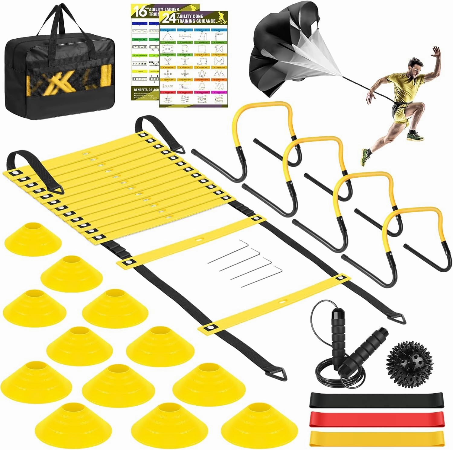 Agility Speed Training Equipment Set - 20ft Speed Ladder, 12 Cones, 4 Adjustable Hurdles, Jump Rope, Parachute, 3 Resistance Bands | Ideal for Basketball, Football, Soccer, for Kids, Youth, Adults