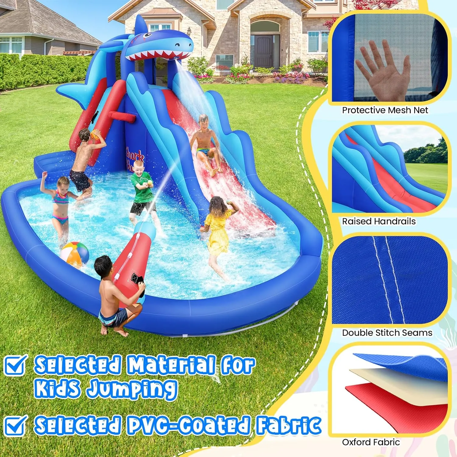 AKEYDIY Inflatable Water Slide, Shark Bounce House with Slide, 12FT x 8.3FT Playground Water Park for Kids, with Climbing, Basketball Rim, Splash Pool, Water Cannon for Wet and Dry (Blue Red)