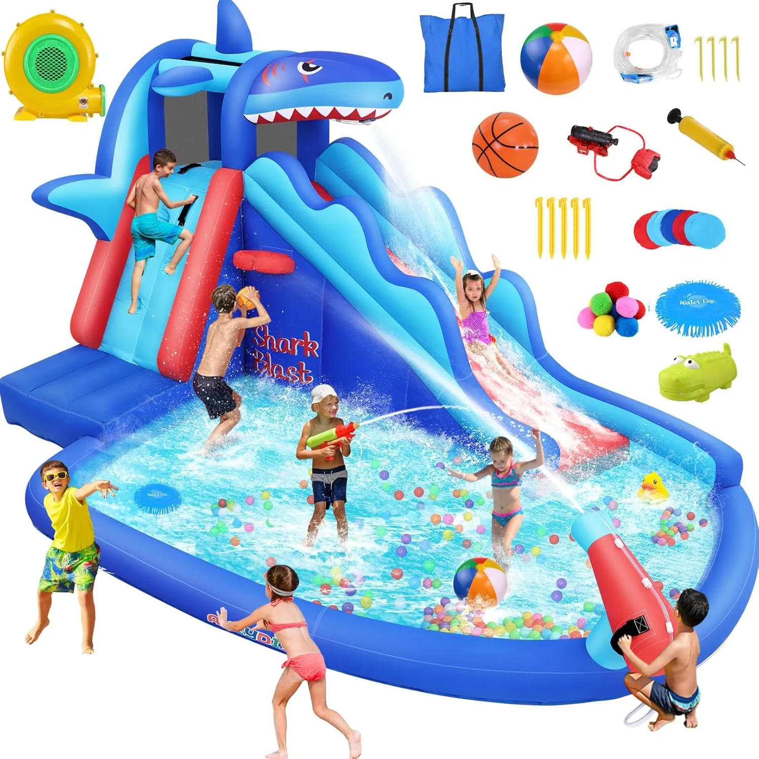 AKEYDIY Inflatable Water Slide, Shark Bounce House with Slide, 12FT x 8.3FT Playground Water Park for Kids, with Climbing, Basketball Rim, Splash Pool, Water Cannon for Wet and Dry (Blue Red)