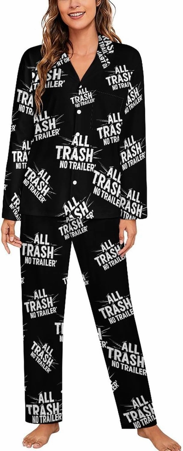All Trash No Trailer Pajamas for Women Set Long Sleeve Button Down Shirt And Long Pants Sleepwear Loungewear