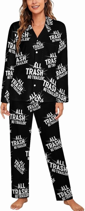 All Trash No Trailer Pajamas for Women Set Long Sleeve Button Down Shirt And Long Pants Sleepwear Loungewear