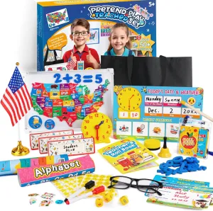 Alritz Pretend Teacher Playset, Role Pretend Play Kids School Toys Kit Include Map, Calendar, White Board Boys Girls Toys, Christmas Birthday Gift for Ages 5 6 7 8 9 10 11 12 13 