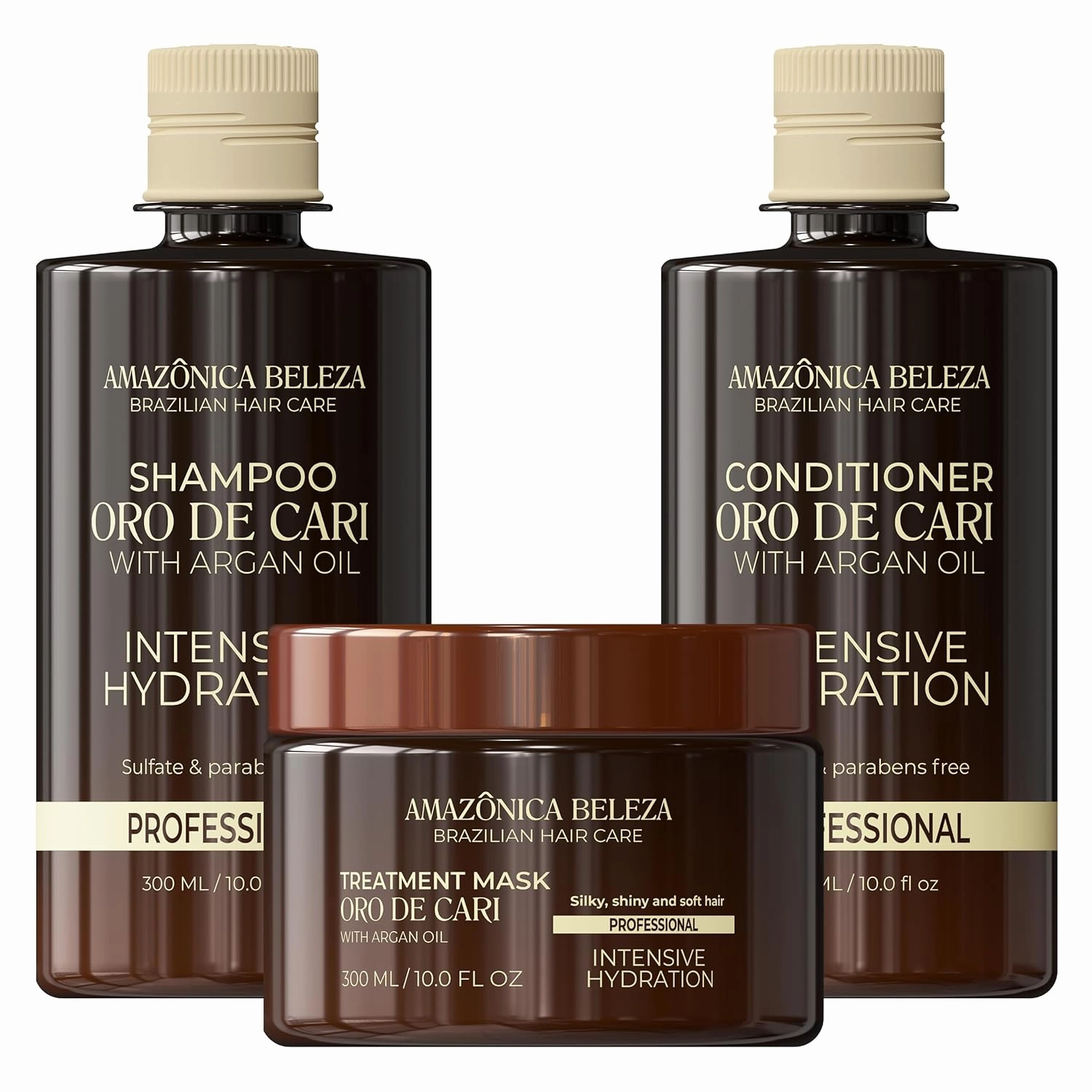 AMAZONICA BELEZA Oro de Cari Kit, Intensive Hydration for Dry Hair with Argan Oil and Vitamin E, Shampoo, Conditioner and Mask, Professional Line, 10 Oz