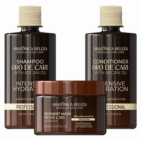 AMAZONICA BELEZA Oro de Cari Kit, Intensive Hydration for Dry Hair with Argan Oil and Vitamin E, Shampoo, Conditioner and Mask, Professional Line, 10 Oz