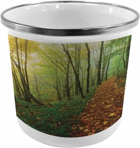 Ambesonne National Parks Metal Camping Cup, Surreal Foggy View Deep in The Forest Eco Path Full of Leaves Landscape, Stainless Steel Mug for Indoor and Outdoor Activities, Green Yellow