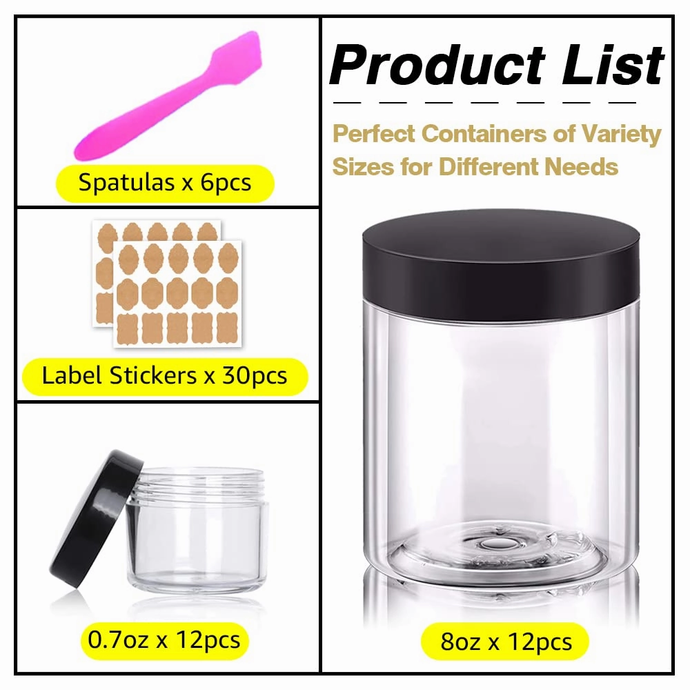 AMORIX 8oz Plastic Jars with Lids 8 oz Plastic Containers with Lids   20g Sample Containers (Set of 24) Airtight Container for Lip Scrub, Body Butters, Cream, Slime, Craft Storage