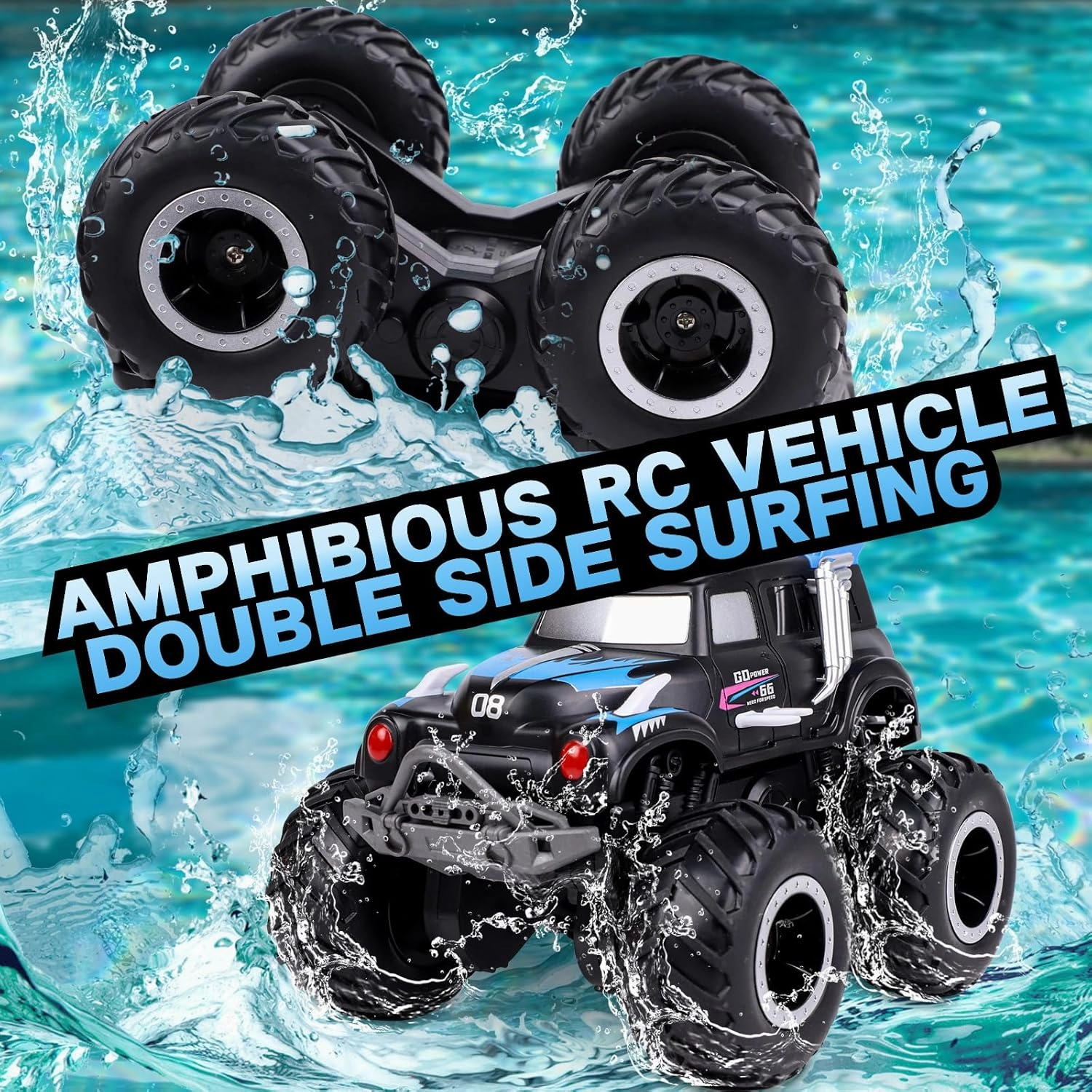 Amphibious Remote Control Cars, 1/20 Stunt RC Rock Crawler Monster Truck Toy with Two Alternative Rechargeable Batteries, All-Terrain 4WD Off-Road Vehicle Toys Gift for Boys Kids Age 8-12 Blue