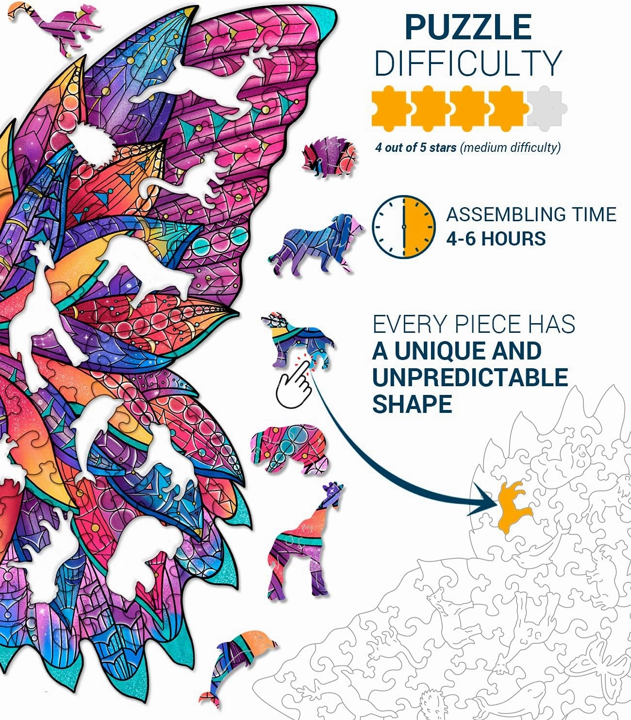 Animal Wooden Jigsaw Puzzles for Kids (12  Years) Adult, Teens, Family; Majestic Animal Shaped Natural Wood Puzzle, Medium Level,15x15 in. (38x38 cm),180 pcs, XL - Size – Butterfly