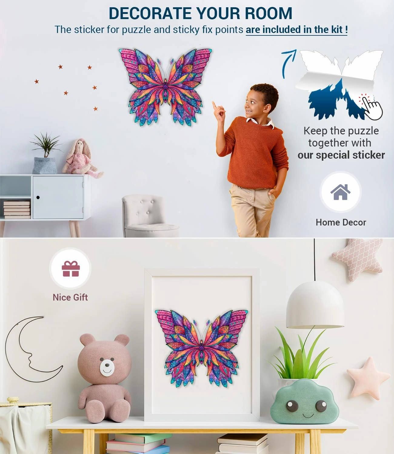 Animal Wooden Jigsaw Puzzles for Kids (12  Years) Adult, Teens, Family; Majestic Animal Shaped Natural Wood Puzzle, Medium Level,15x15 in. (38x38 cm),180 pcs, XL - Size – Butterfly