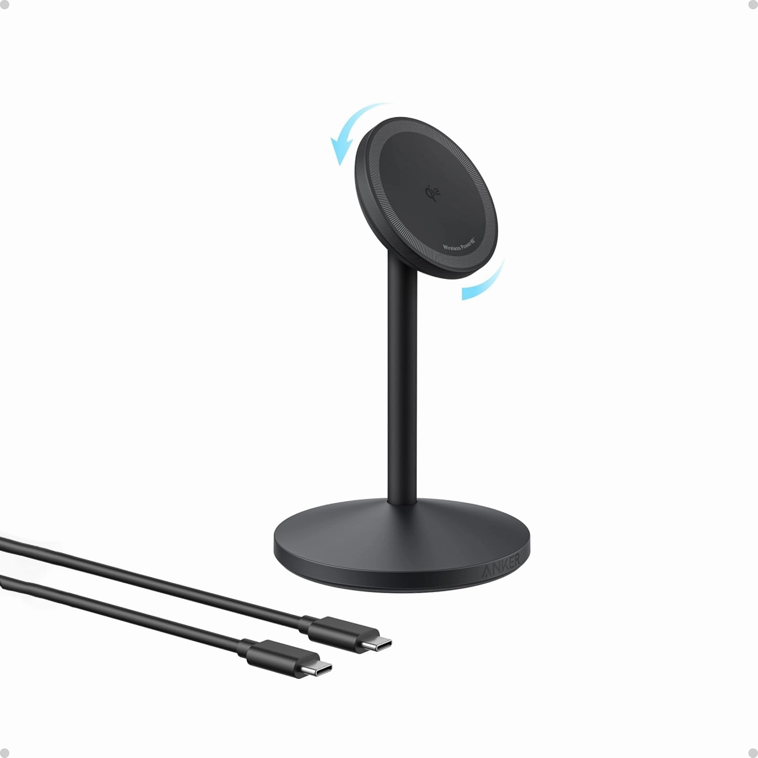 Anker MagGo iPhone 16 MagSafe-Compatible Wireless Charger Stand, 15W Fast Magnetic Wireless Charging Station, Qi2 Certified 360° Charger, for iPhone 16/15/14/13/12 Series and AirPods (No AC Adapter)