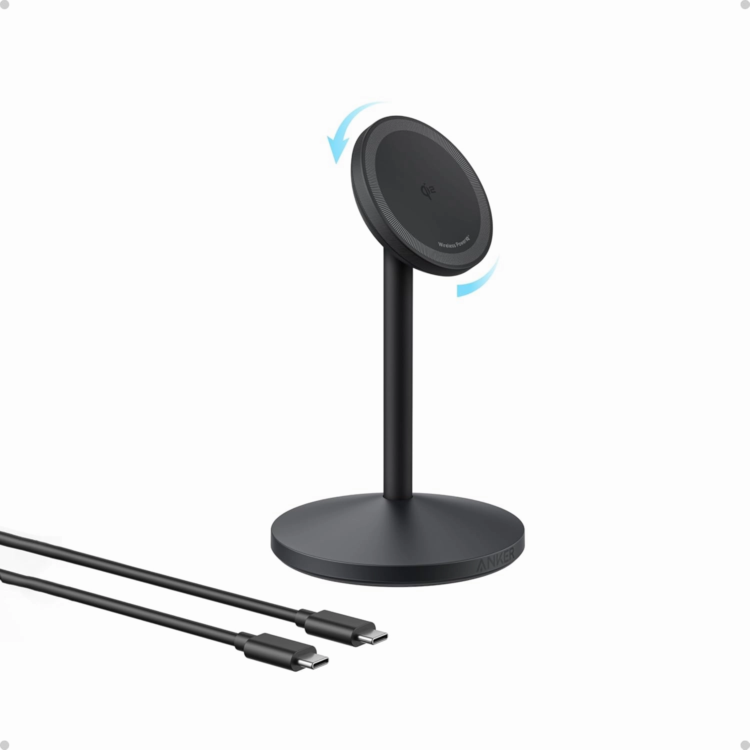 Anker MagGo iPhone 16 MagSafe-Compatible Wireless Charger Stand, 15W Fast Magnetic Wireless Charging Station, Qi2 Certified 360° Charger, for iPhone 16/15/14/13/12 Series and AirPods (No AC Adapter)