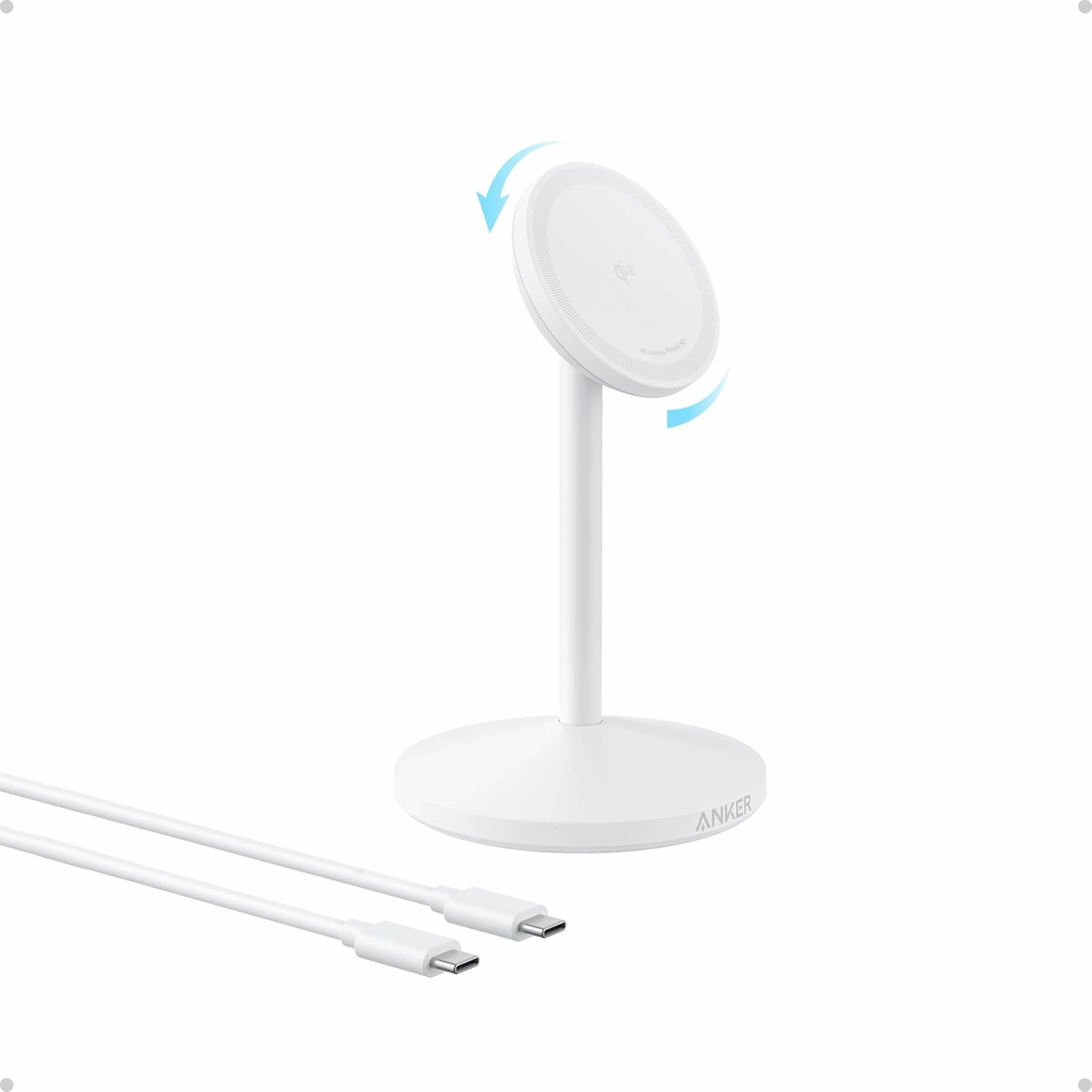 Anker MagGo iPhone 16 MagSafe-Compatible Wireless Charger Stand, 15W Fast Magnetic Wireless Charging Station, Qi2 Certified 360° Charger, for iPhone 16/15/14/13/12 Series and AirPods (No AC Adapter)