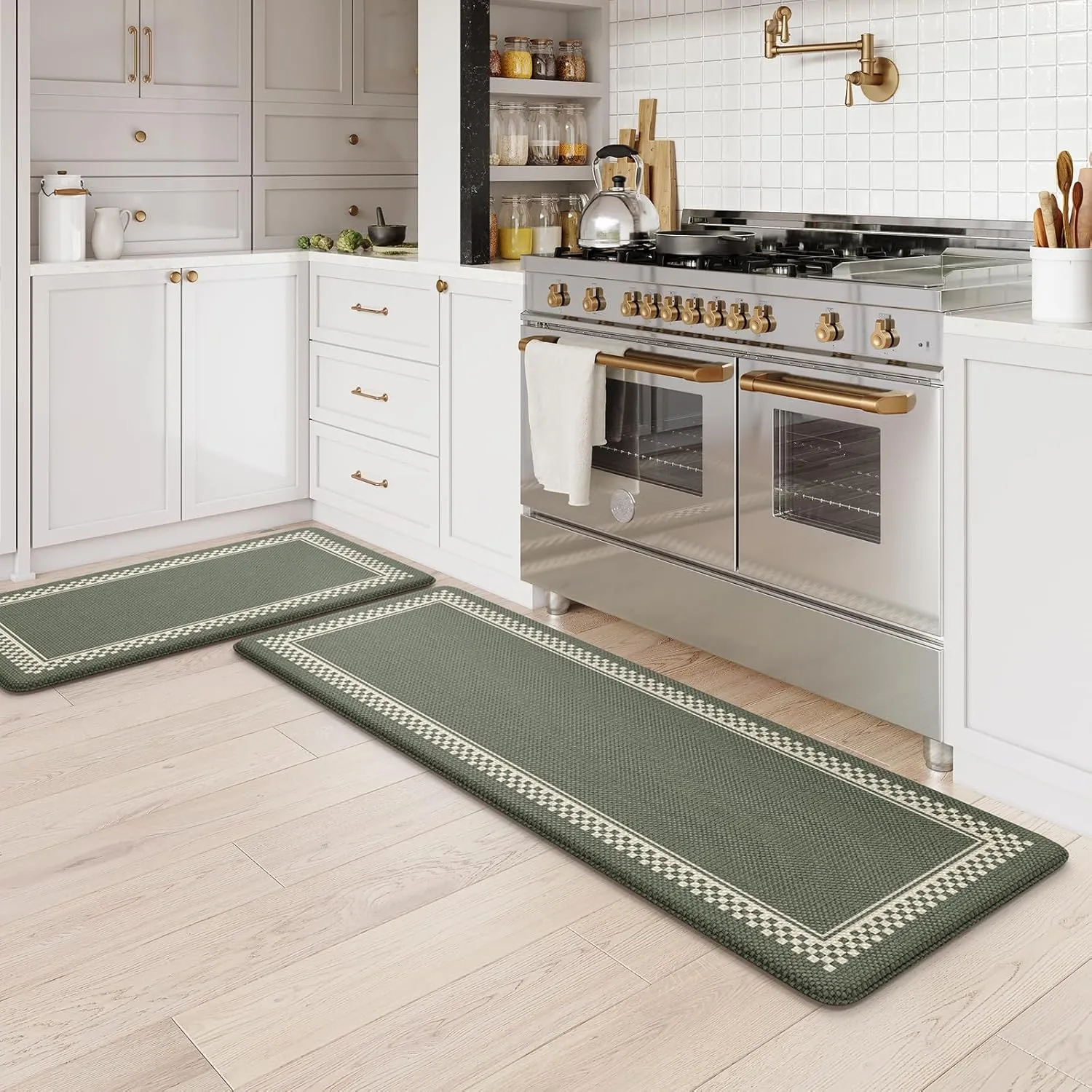 Anti Fatigue Kitchen Mats for Floor 2PCS, Non Slip Kitchen Rugs and Mats, Memory Foam Kitchen Mat, Heavy Duty Ergonomic Comfort Rugs for Kitchen Floor, Office, Sink, Green