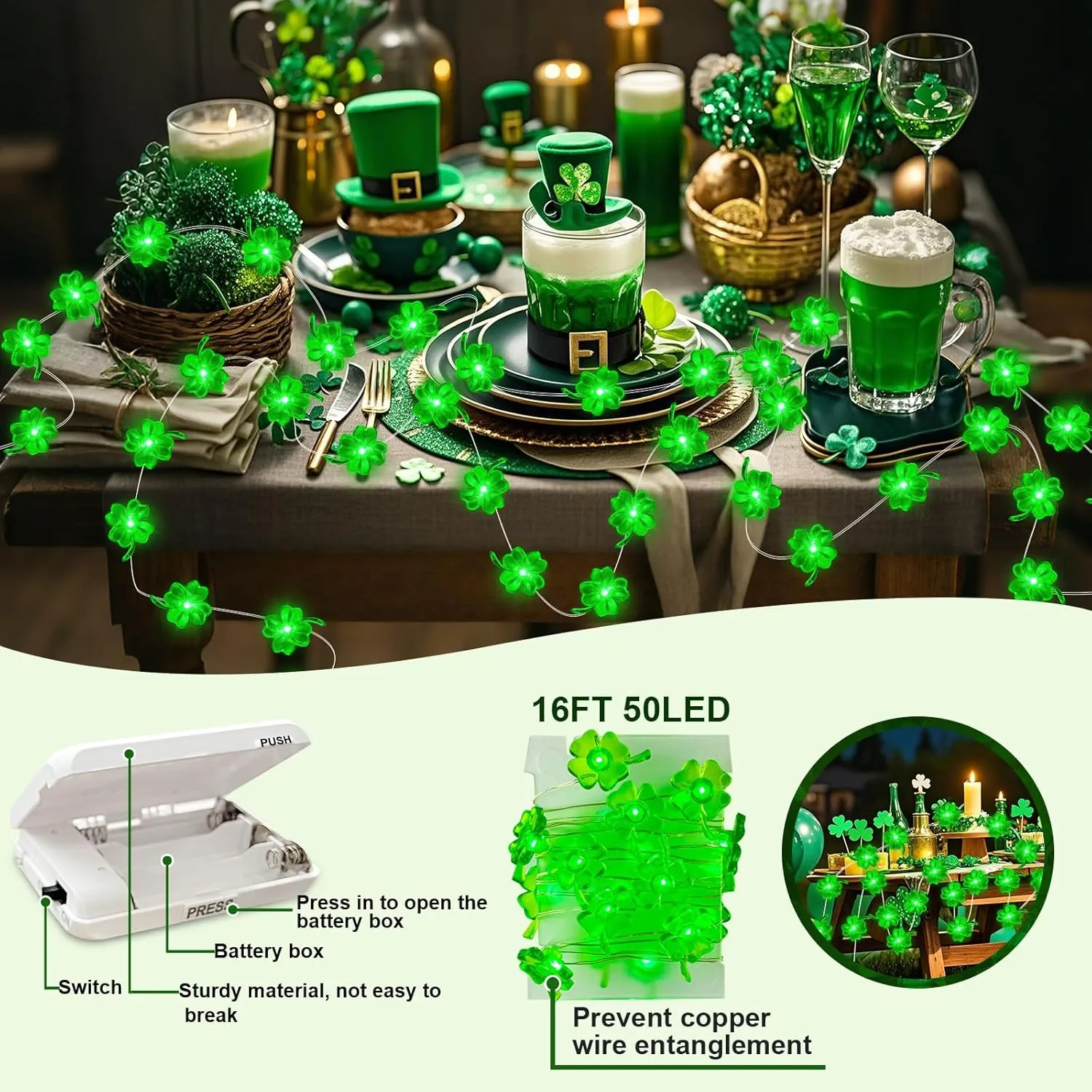 Aogist St. Patrick 's Day Decorations Clover String Lights, 16 ft 50 LED Green Shamrock Fairy Light for Saint Patrick’s Day Decor, Lucky Irish Decals Party Ornaments, Irish Party Supplies (2 Pack)