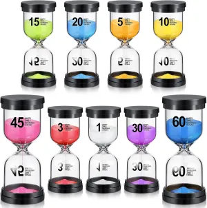Aoriher 9 Pieces Sand Timer Colorful Hourglass Sand Clock Timer 1/3/5/10/15/20/30/45/60 Minutes Sandglass Timer for Kitchen Home Office Classroom Games Cooking Kids, 9 Colors