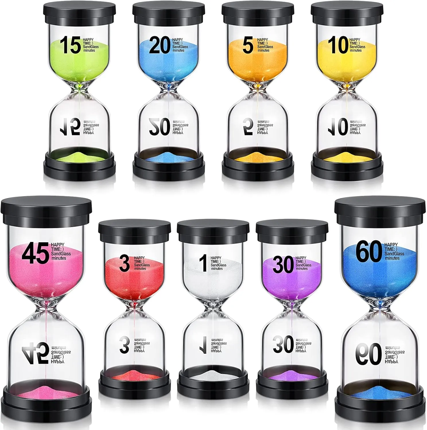 Aoriher 9 Pieces Sand Timer Colorful Hourglass Sand Clock Timer 1/3/5/10/15/20/30/45/60 Minutes Sandglass Timer for Kitchen Home Office Classroom Games Cooking Kids, 9 Colors