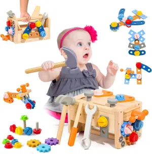 Aozzy 38Pcs Kids Tool Set for Toddler with Box, Wooden Tools Kit Set for Learning Educational STEM, Pretend Play Construction Toys for Kids Birthday Gift
