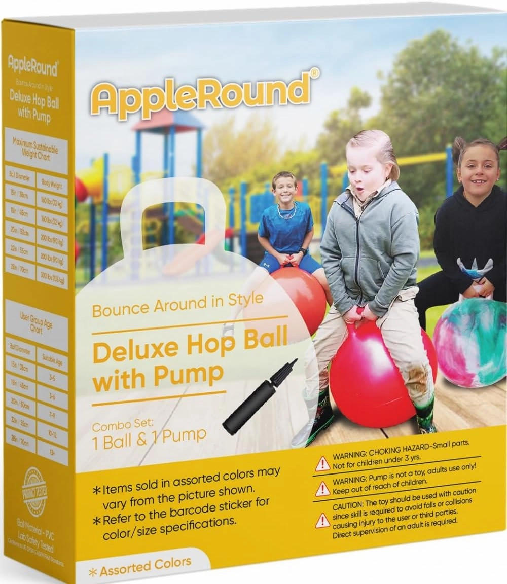 AppleRound Hippity Hoppity Hopball with Ball Pump, 18in/45cm Diameter for Age 3-7, Kangaroo Bouncer, Space Hopper Ball with Handle for Children, Printed Design