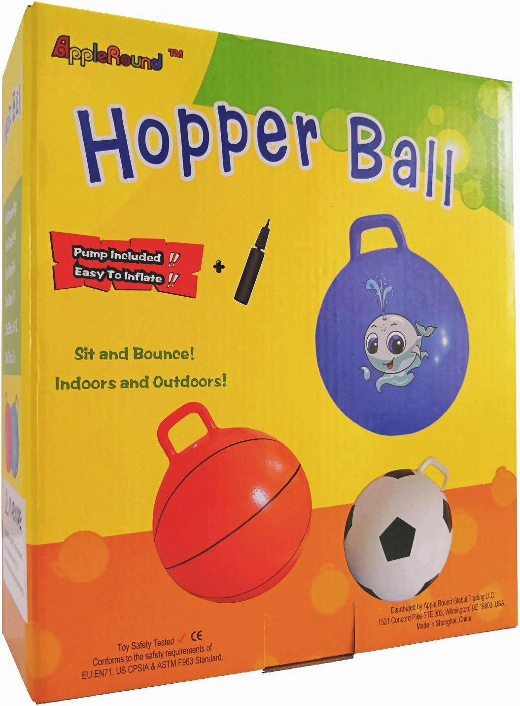 AppleRound Space Hopper Ball with Air Pump, 18in/45cm Diameter for Age 3-7, Kangaroo Bouncer, Hippity Hoppity Hop Ball for Children, Sit-on Bouncy Ball with Handle, Cloud Colors (Blue)