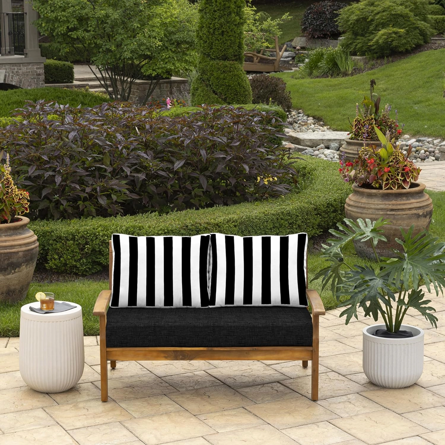 Arden Outdoor Loveseat Cushion Set, 48 x 24, Water Repellent, Fade Resistant, Cushion Set for Couch, Bench, and Swing 48 x 24, Black Cabana Stripe