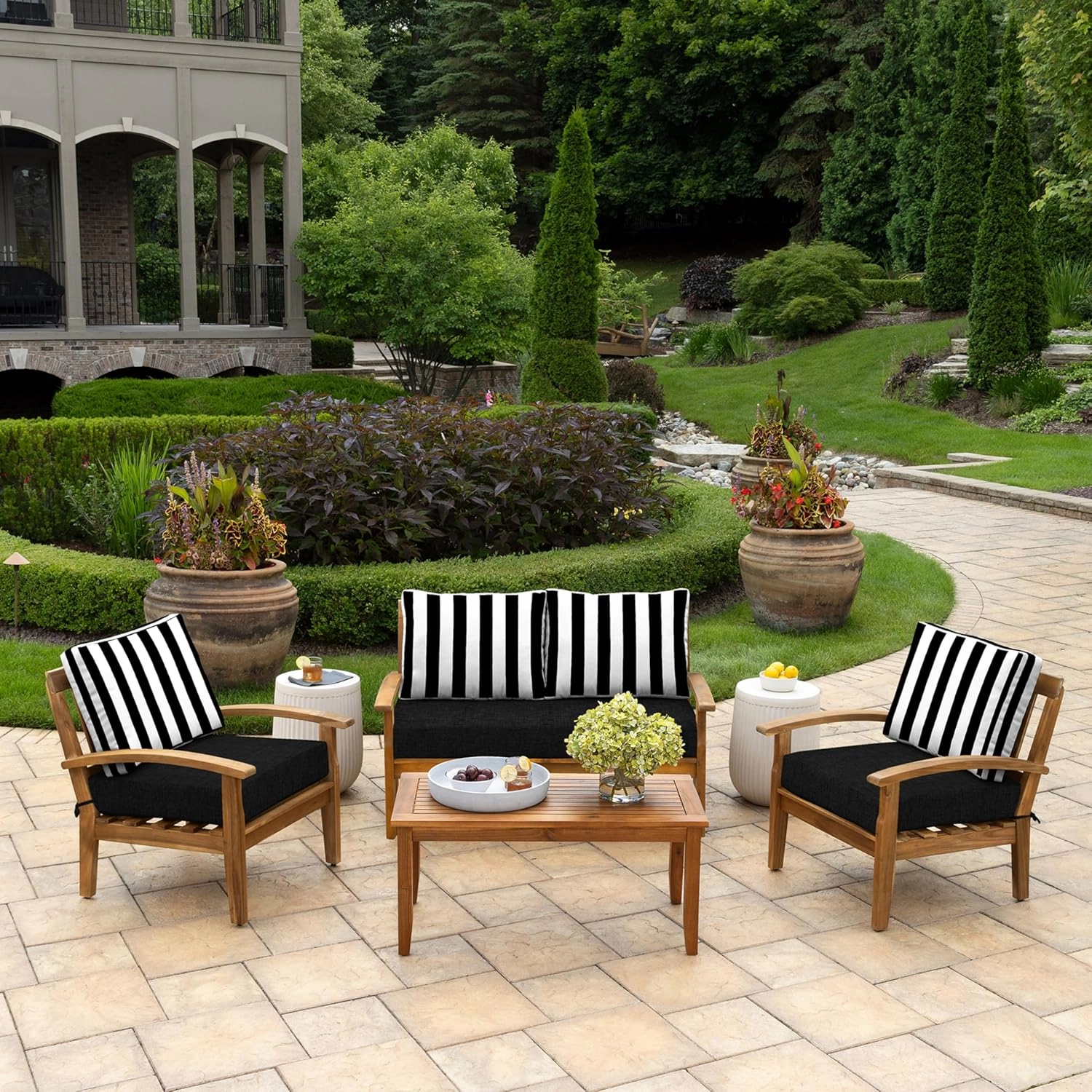 Arden Outdoor Loveseat Cushion Set, 48 x 24, Water Repellent, Fade Resistant, Cushion Set for Couch, Bench, and Swing 48 x 24, Black Cabana Stripe