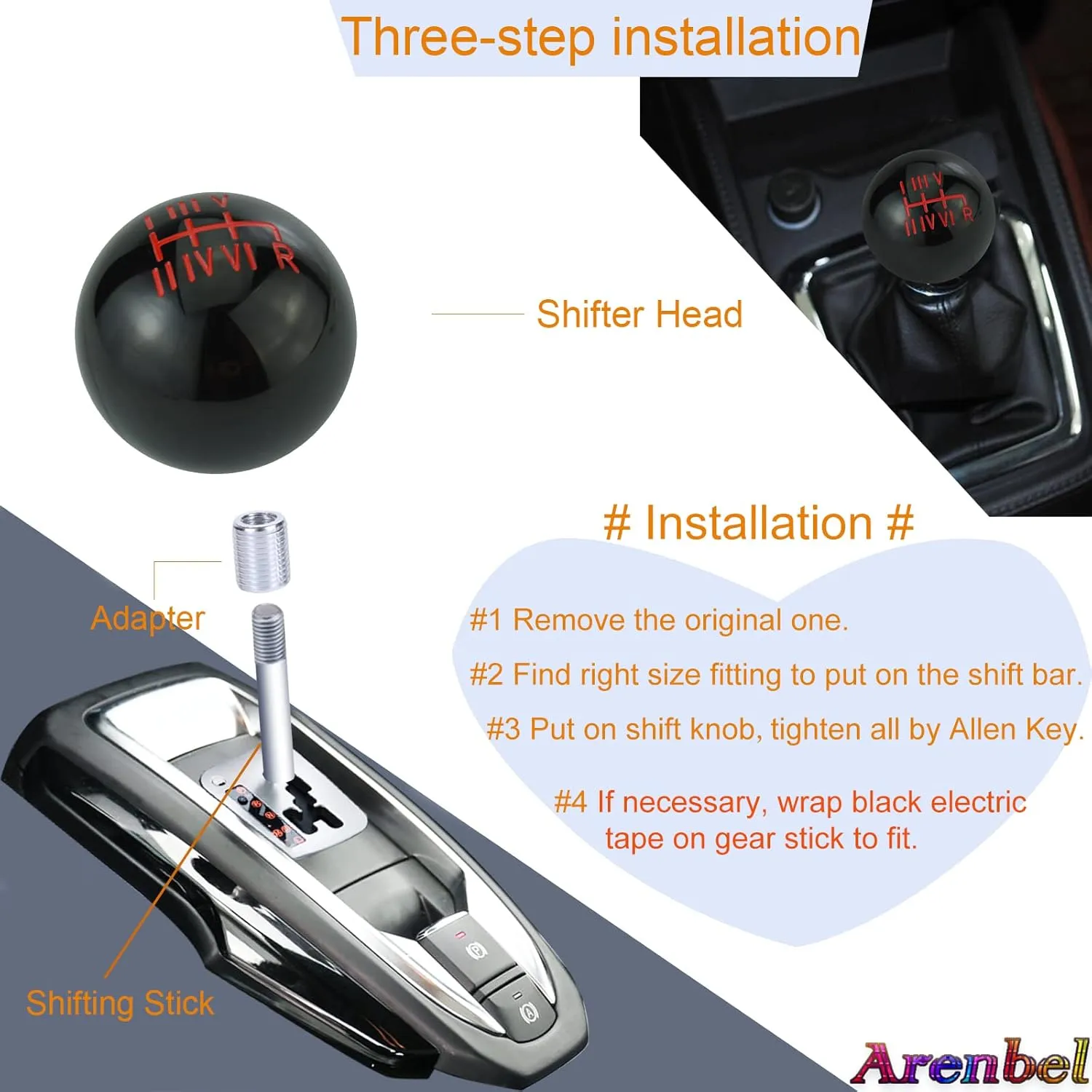 Arenbel 6 Speed Shift Ball Shifter Lever Stick Roman Numeral Car Gear Head Handle Replacement Fit Most Auto Manual Transmissions, Black